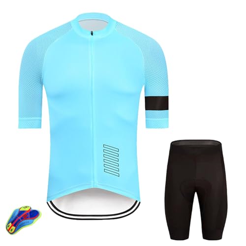 Maillot de Cyclisme Homme Manches Courtes + Cuissard à Bretelles - Haut Vélo Respirant Fermeture Éclair Complète - Tenue Sport Compressante pour Course Vélo Route VTT(Blue-D, XL)