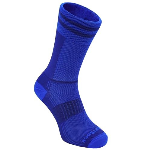 Wrightsock CoolMesh II Crew Chaussettes de course à pied pour homme et femme – Chaussettes écologiques anti-ampoules – Fabriquées aux États-Unis, Bleu roi/bleu avec rayures, Medium