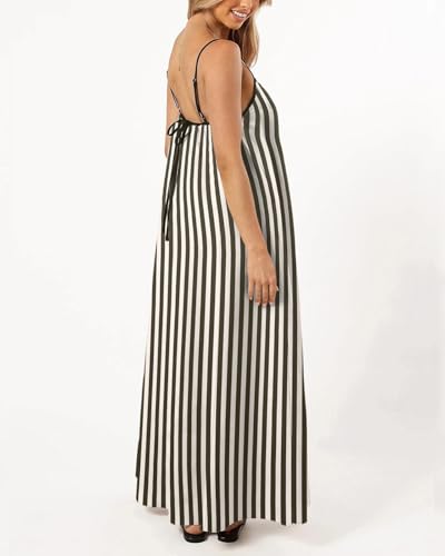 Image of Senllen Women's Linen Dress Summer Loose Flowy Sundress Contrast Spaghetti Strap Sleeveless Backless Beach Maxi Long Dresses
