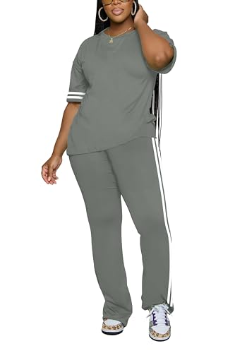 Women's 2 Piece Outfits Crewneck Short Sleeve Tops and Flare Pants Lounge Sets Tracksuit Grey XL4