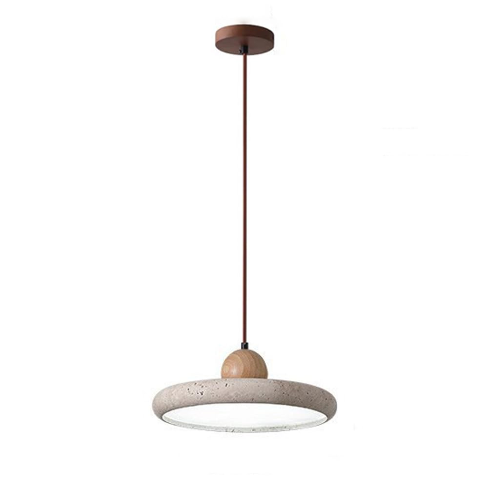 Wabi Sabi Lampa wisząca z kamienia naturalnego Okrągła dioda LED Żółta jaskinia Lampa wisząca z kamienia Nordic Żyrandol z drewna Wyspa kuchenna, 28 W Japoński styl Żółty trawertyn Lampy wiszą