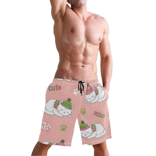 Men's Swim Trunks Quick Dry Swimming Shorts with Pocket Cute Cats with Hats Swimsuit Trunks4