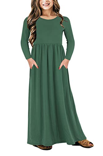 GORLYA Girl s Long Sleeve Floral Print Loose Casual Holiday Long Maxi Dress with Pockets 4-12 Years (7-8Years Height:130cm, Green)