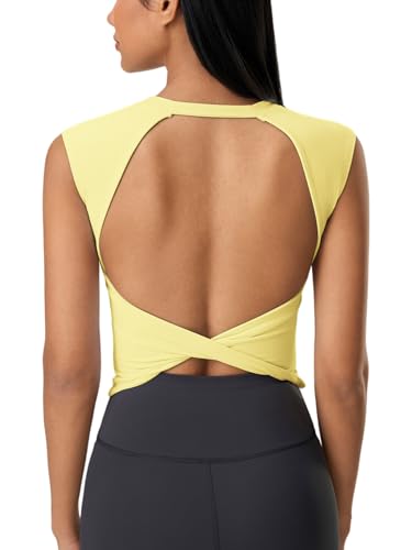 Image of ABOCIW Women Twist Back Workout Top with Built in Bra Cap Sleeve Pilates Yoga Crop Top Athletic Gym Shirt