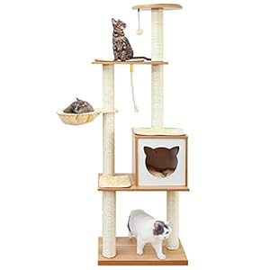 Made4Pets Cat Tree, Modern Cat Tree Tower for Indoor Cats – 65″ Tall Wood Condo with Hammock, Scratching Post and Removable Pads for Small Large Cats