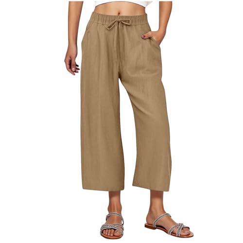 RLEHJN Damen Hosen,Weite Lose Gerade Geschnitten Palazzo Hose Hohe Taille Dehnbar Lounge Elegante Freizeithose Einfarbig Jogginghose Sommer Strandhose Freizeithose Stoffhose mit Tunnelzug und Taschen