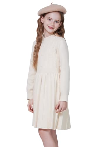 WULFUL Girl's Sweater Dress Long Sleeve Button Pleated Casual Fall Winter Knit Dresses 5-12Y2