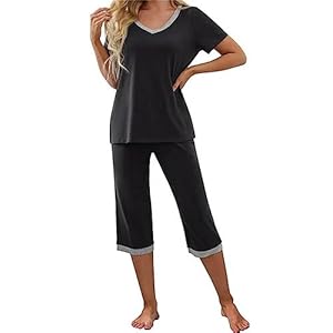Pyjama Femme Ete Bermuda Ensemble Pyjama Femme 2 Pieces Pyjama 2 Pièces Haut Manche Courte Et Pantalon 3/4 Décontractée Fluide Sleepwear Grande Taille Pas Cher Vêtement De Nuit