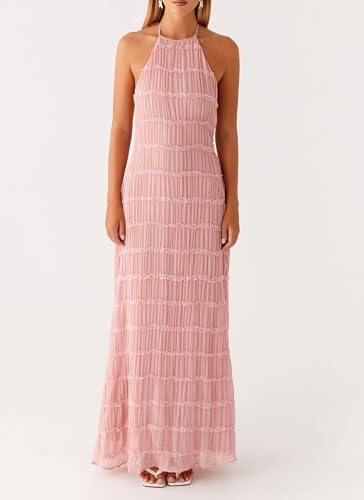Image of Argeousgor Women Halter Neck Backless Summer Dresses 2025 Sleeveless Tiered Ruffle A-Line Flowy Cocktail Party Maxi Dress
