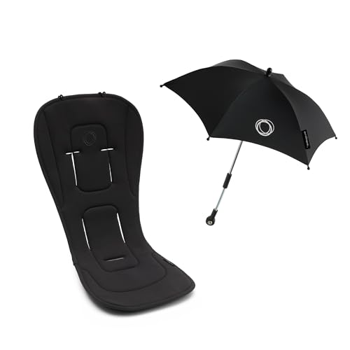 Bugaboo Pack de Accesorios de Verano: Colchoneta Doble Confort para todas las estaciones y, Sombrilla+, compatible con todos los carritos Bugaboo, tejido de protección solar UPF 50+. Negro