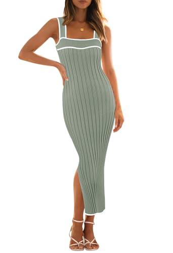 Image of MEROKEETY Womens Summer Striped Bodycon Ribbed Knit Midi Sweater Dress 2026 | Sleeveless Long Tank Dress, Soft, Stretchable, Maternity, Baby Shower, Gender Reveal, Bump Friendly, Beach, Vacation Outfit