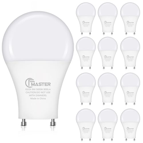 CFMASTER GU24 LED Light Bulb, 5000K Daylight, 9W(100W Equivalent), 800 Lumens, A19 Shape GU 24 LED Bulbs, Twist and Lock GU24 Pin Base with Two Prongs, Non-Dimmable, UL ETL Certificated(12-Pack)