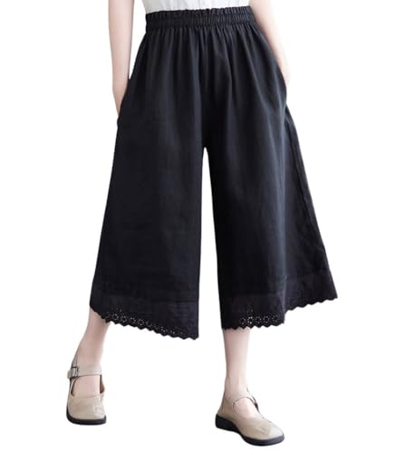 chouyatou Women's Cute Eyelet Embroidery Ruffle Hem Wide Leg Capris Elastic Waist Cropped Pants with Pockets