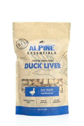 Alpine Essentials Freeze Dried Duck Liver Dog Treats Training Treats Quality Single Ingredient 7.05oz, Grain Free & Gluten Free Resealable High Protein Dog Snacks Meal Mixer