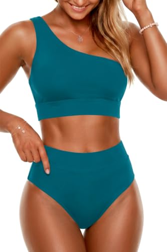Image of Holipick Women One Shoulder High Waisted Bikini Sets Two Piece Swimsuit Tummy Control Bathing Suit Full Coverage Swimwear