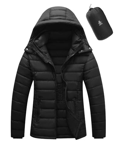ASPO Women's Winter Coat Lightweight Waterproof Packable Puffer Jacket Quilted Warm Full Zip with Hood Black L