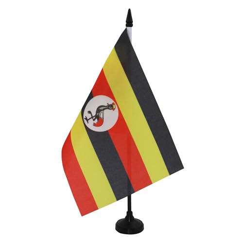 AZ FLAG - Drapeau De Table Ouganda 21x14 cm - Petit Drapeau Ougandais De Bureau 100% Polyester Avec Hampe De 25cm Et Socle En Plastique Noir