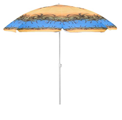 Pmu Beach Umbrella - Anchor Adjustable Wind Resistant Large Umbrellas - Uv Protection Sunshade Umbrella For Beach, Patio, Yard & Garden - 8 Ft, Orange & Blue With Palm Trees #TOP26