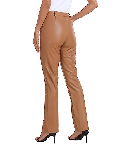 HDE Women\'s Faux Leather Pants High Waisted Straight Leg Trousers with Pockets Camel Brown - S