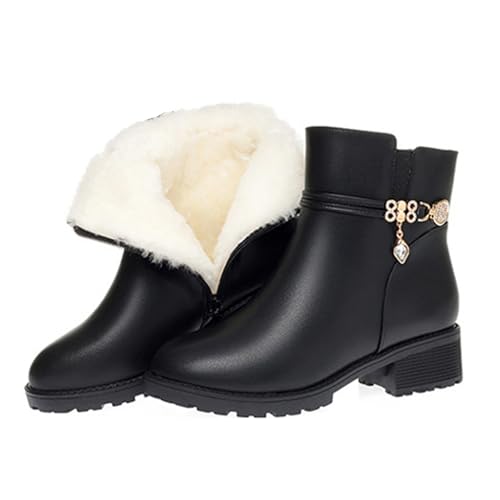 Women'S Leather Low Block Heel Booties Fashion Round Toe Rhinestones Warm Fully Fur Lined Side Zipper Platform Snow Boots