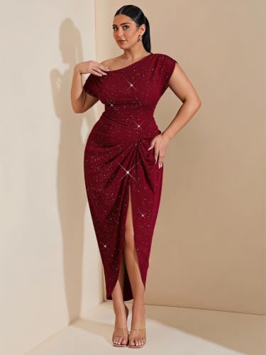 Image of Floerns Women's Plus Size Asymmetrical Neck Long Dress Ruched Slit Hem Cocktail Dress