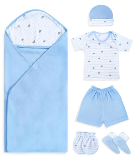 Image of RATIVE The 6-Giftsets for 0-3 Months Newborn Essentials Must Haves Baby Towel with Hood Mittens Cap Booties Shirt and Shorts (Blue-1)