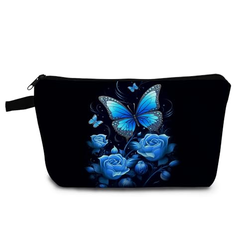YULUENZE Butterfly Present Floral Blue Rose Butterfly Makeup Bag Cute Small Organizer Bag with Zipper Blue Rose Butterfly Cosmetic Bag Birthday Presents for Butterfly Lovers Women Friends