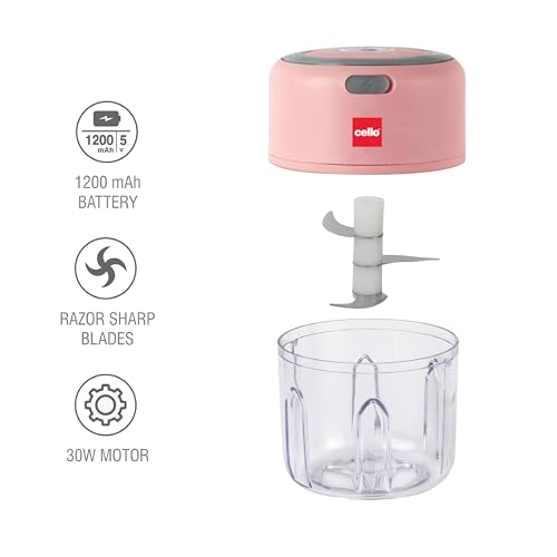 Image of Cello Reva Multi Functional Electric Chopper | Stainless Steel Blades & Unbreakable Bowl | One Touch Operation | Rechargeable and Portable | Perfect For Quick Chopping, Mincing & Processing | Pink