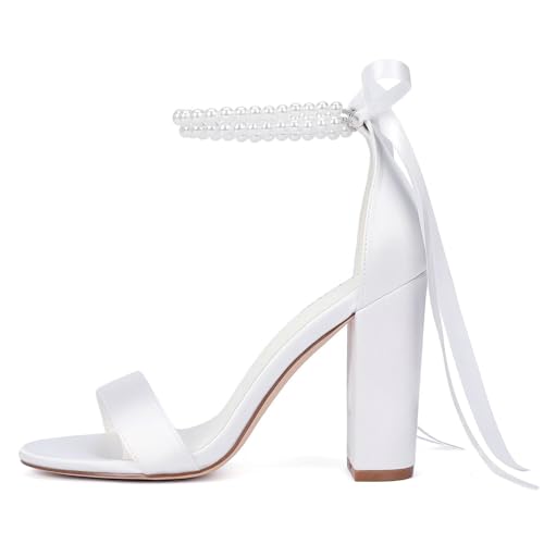 High Block Heels Wedding Shoes for Bride Open Toe Bridal Shoes Pearl Heels Wedding Sandals3