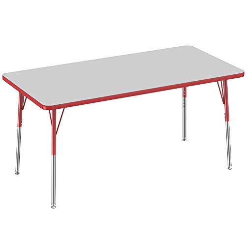 FDP Rectangle Activity School and Office Table (30 x 60 inch), Standard Legs with Swivel Glides, Adjustable Height 19-30 inches - Gray Top and Red Edge
