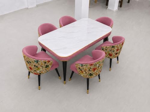 Image of WOODEN SPACE 6-Seater Wooden Dining Table Set | Nano Composite Marble Top | Solid Wood Base | Modern Dining Room Furniture with 6 Chairs (Pink Printed)