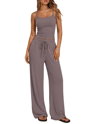 Trendy Queen Womens 2 Piece Lounge Sets Summer Outfits Matching Airport Camisole Tops Wide Leg Pants Fall Tracksuits 2026 Rose Taupe M