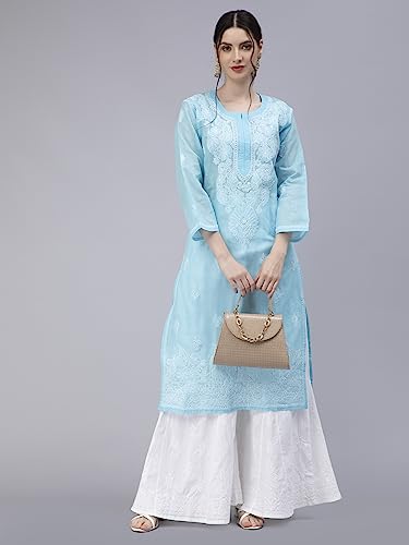 Image of Seva Chikan Hand Embroidered Lucknowi Chikankari Cotton Kurta Kurti for Women SCL4316