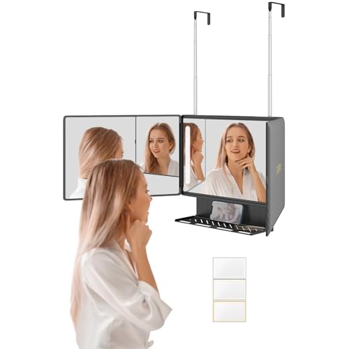Dripex 3 Way Mirror with Storage Shelf and 3 Color LED Lights Rechargeable Trifold Self Haircut 360 Mirror with Height Adjustable Hooks for Makeup Styling Shaving Braiding Dye Hair (Black)