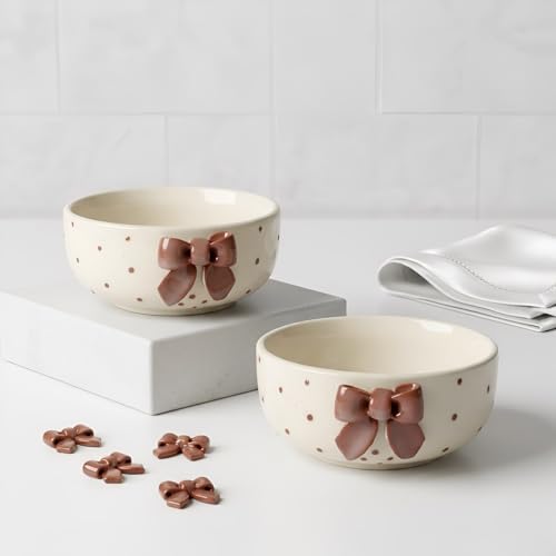 Image of SNS Handmade Ceramic Serving Bowl Set (Set of 2) | Microwave Safe Cute Ceramic Bowl Set | Aesthetic Snack, Salad, Cereal, Dessert & Soup Bowl | Premium Kitchen & Breakfast Bowl (Vino Maroon Bow Bowl)