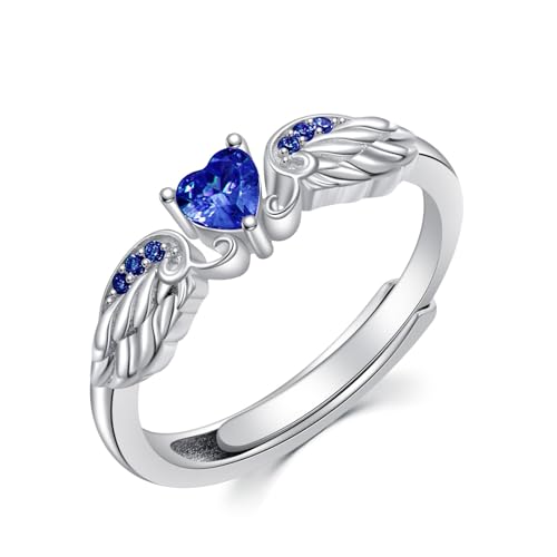 Angel Promise Ring 925 Sterling Silver Angel Wing Heart Ring for Women Angel Memorial Ring with Heart Birthstone Promise Ring Adjustable Size 7