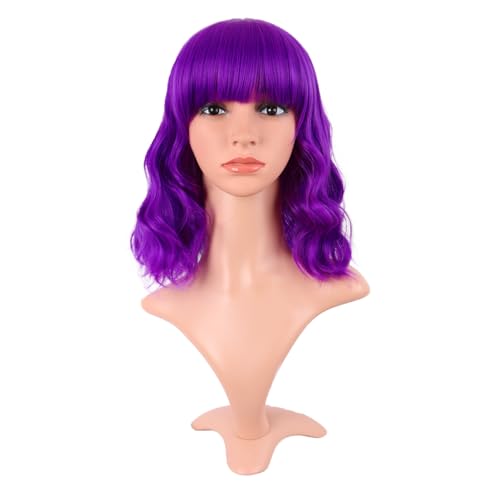 Image of MapofBeauty 14 Inch /35 cm Short Wavy Curly Women Fresh Bright Synthetic Ordinary Flat Bangs Bob Wig (Bright Purple)