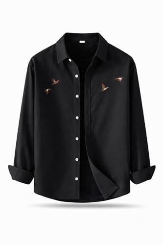 Image of Men's Cotton Blend Casual Wear with Bird Embroidery | Regular Fit Full Sleeve Button Down | Lightweight Summer Style for Daily, Office & Party