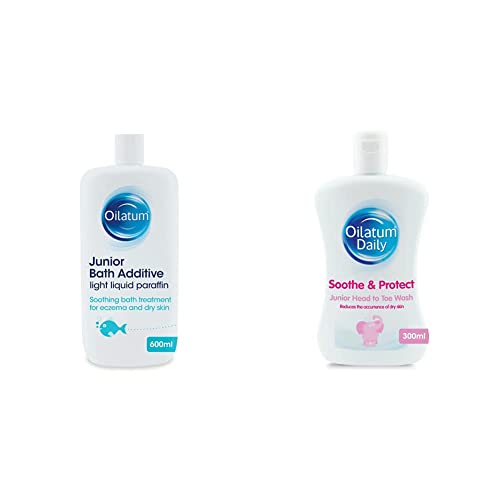 Oilatum Junior Eczema and Dry Skin Emollient Bath Additive, 600 ml (Pack of 1) and Daily Soothe & Protect Junior Head to Toe Wash for Dry, Sensitive and Eczema Prone Skin 300ml