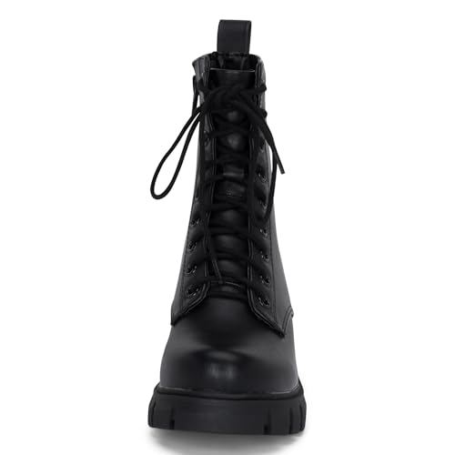 STYLISH S TAMMY ~ Women's Lace-up Chuncky Lug Sole Platform Low Heel Combat Ankle Boots with Side Zipper4