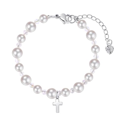 Image of Pearl Cross Bracelets for Girls, Sterling Silver Baby Bracelet, Baptism Gifts for Girl, Christening and First Communion Christian Jewelry Gift for Kids