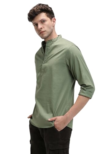 Image of Dennis Lingo Men's Cotton Solid Slim Fit Mandarin Collar Full Sleeves Casual Shirt