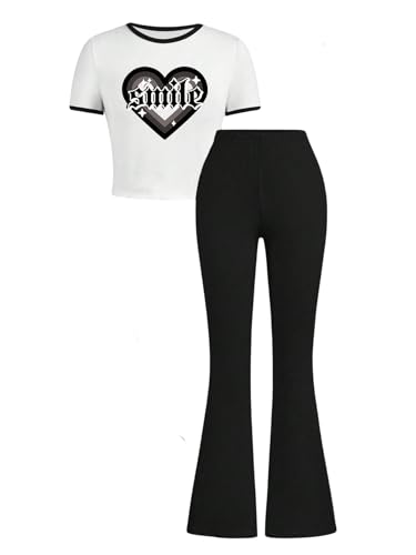 Image of SOLY HUX Girl's Summer 2 Piece Outfits Graphic Letter Print Tee Shirt and Flare Pants Clothing Sets Black and White 11Y