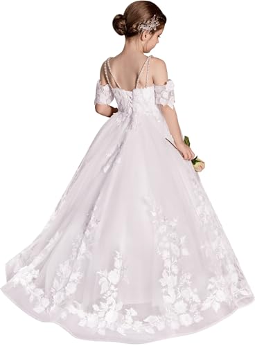 Off Shoulder Flower Girl Dresses for Wedding Lace Appliques Princess Pageant Dress Puffy Tulle Formal Girls Ball Gown