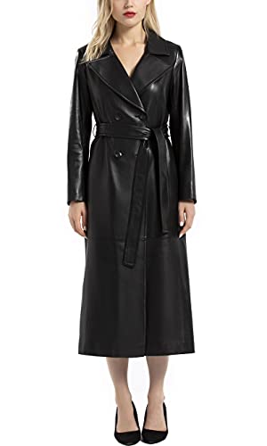 Women's Lambskin Leather Long Trench Coat Black Double Breasted Genuine Leather Coat with Belt SmartUniverseWear