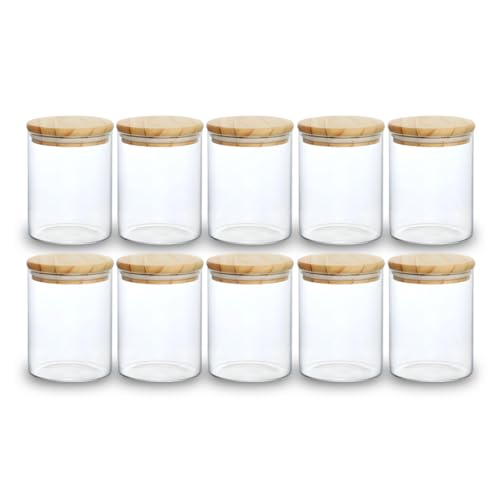 Kit 10 Potes de Mantimentos Herméticos 300ml Pote Redondo de Vidro Tampa De Bambu Premium