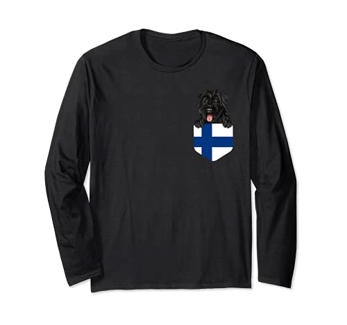 Finland Flag Bouvier des Flandres Dog In Pocket Long Sleeve T-Shirt, Black