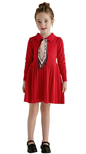 SMILING PINKER Girl Dress Long Sleeve Cable Knit Sweater Turn Down Collar with Neck Scarf