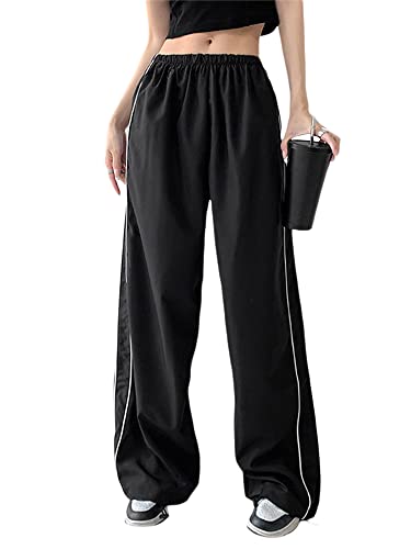 Womens Y2k Baggy Cargo Trousers Casual Elastic Waist Wide Leg Joggers Solid Color Track Pant with Pockets Streetwear