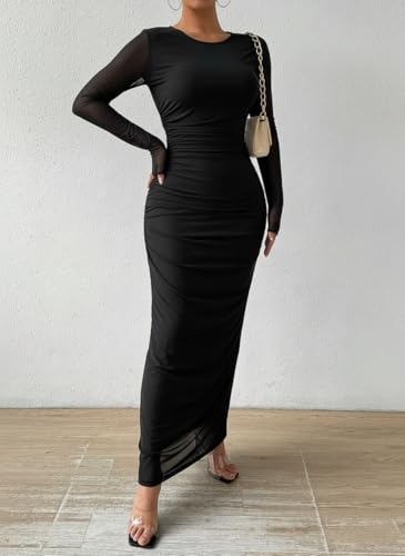 Image of LIGHT DOT Women's Printed Bodycon Maxi Dress Long Sleeve Tie Dye Mesh Ruched Cocktail Dress